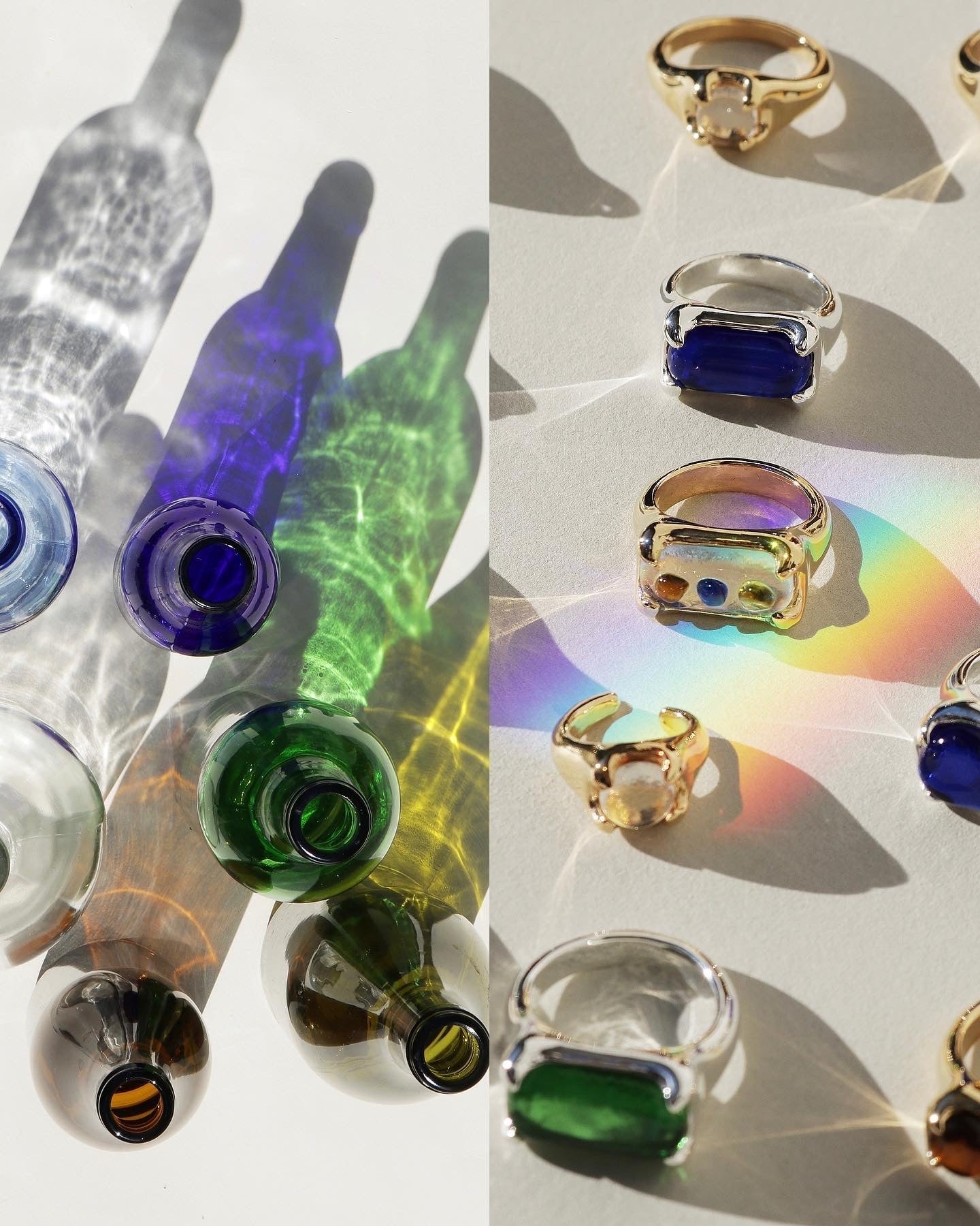 An assortment of rings and bottles reflecting a spectrum of colors, creating a visually striking rainbow effect.